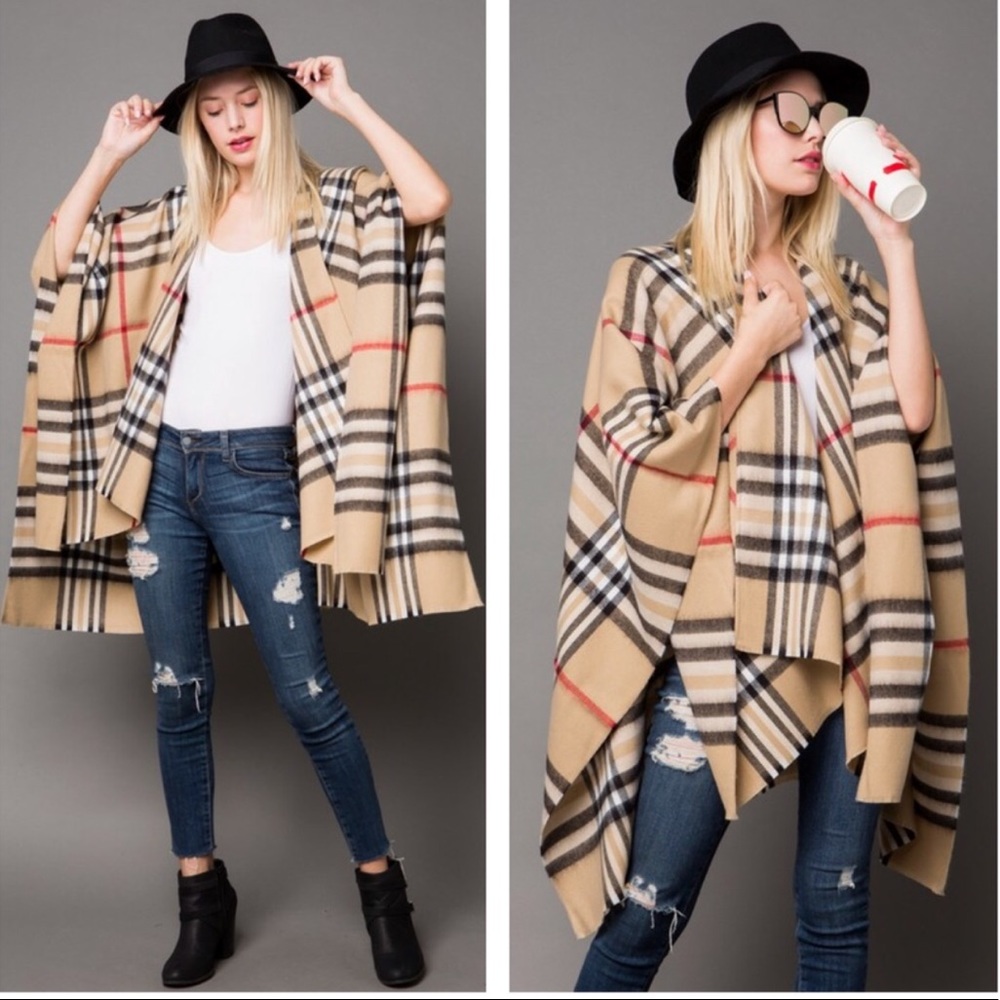 Classic Plaid Poncho Cardigan Scarf Wrap - Picture 4 of 8